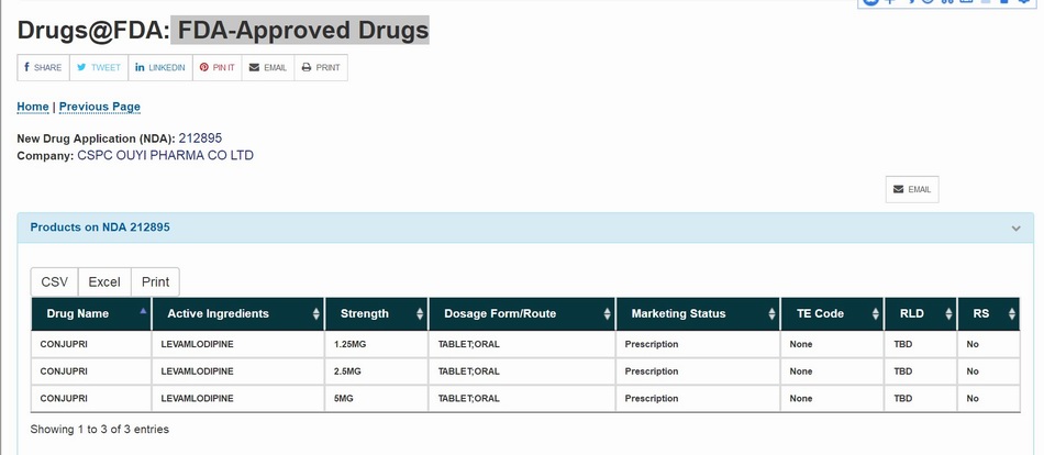 FDA官网显示，“已批准药物”一栏中包含玄宁（CONJUPRI）。  来源：FDA官网