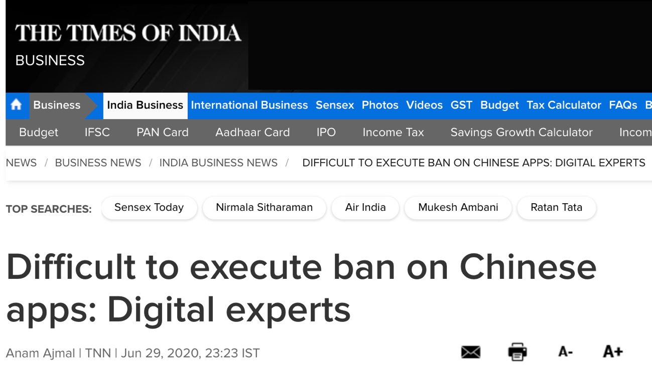 《印度时报》：数字技术专家表示，很难对中国应用执行禁令