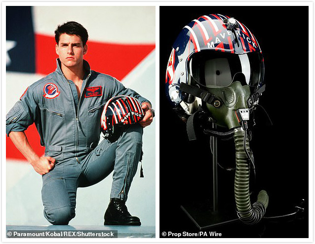 汤姆·克鲁斯在《壮志凌云》里戴过的飞行员头盔，估价70000美元。图片来源：Paramount/Kobal/REX/Shutterstock、Prop Store/PA Wire