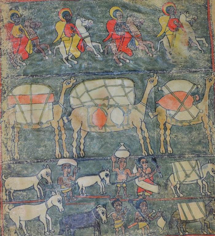 15世纪或16世纪初，埃塞俄比亚手稿中描绘运输行李的方式。