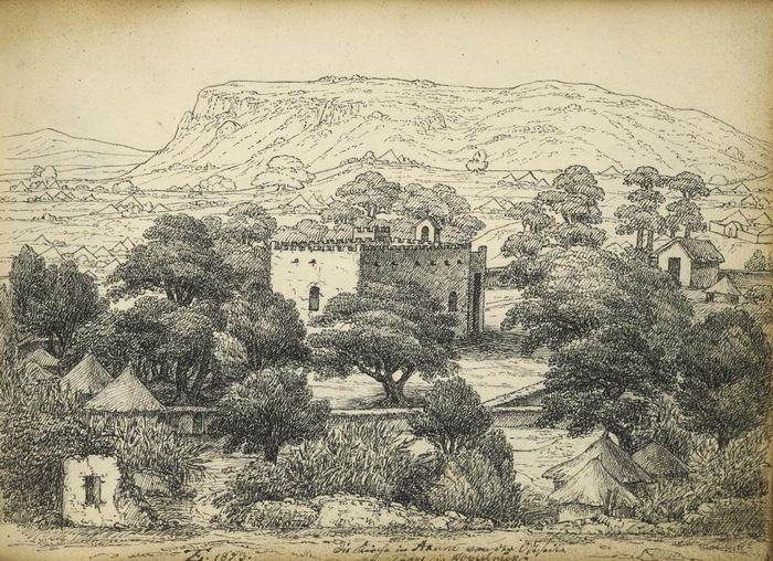 爱德华·赞德（Eduard Zander，1813-1868），在速写本上记录埃塞俄比亚的风景和人物，并绘制了阿克苏姆大教堂的景色。 钢笔和黑色墨水，1853年。