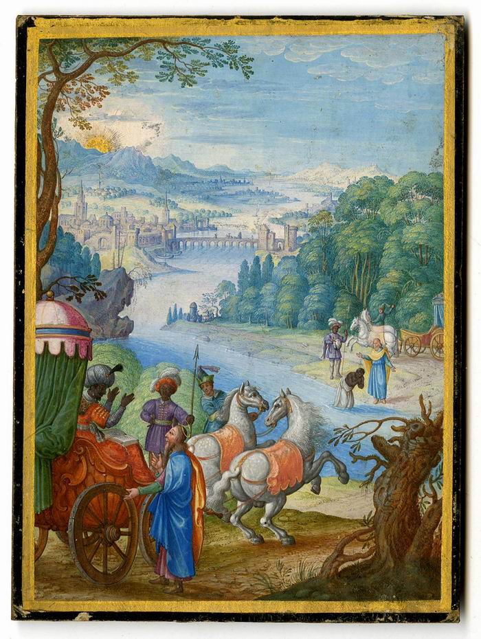 一位匿名艺术家绘制了圣菲利普为埃塞俄比亚内侍施洗的情景，牛皮纸上色，约1615年至1635年