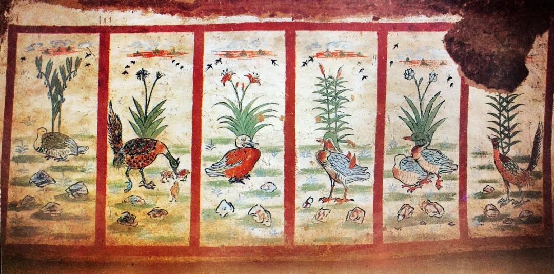 图13 新疆吐鲁番阿纳斯塔那唐墓花鸟屏风壁画