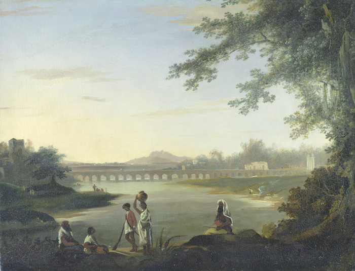 图3.4 威廉·霍奇斯 《马尔马隆大桥，前景是一名印度兵与几名当地人》1783