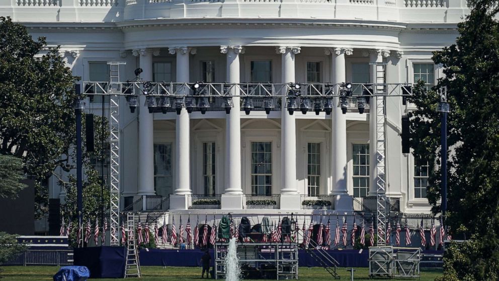 PHOTO:  Staging and lighting is set up on the South Lawn of the White House on Aug. 24, 2020.