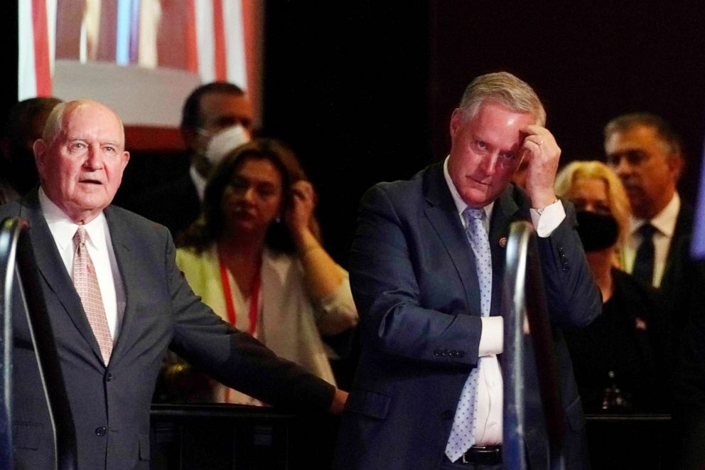 PHOTO: Agriculture Secretary Sonny Perdue and Chief of staff Mark Meadows listens as President Donald Trump speaks at the 2020 Republican National Convention in Charlotte, N.C., Aug. 24, 2020. 