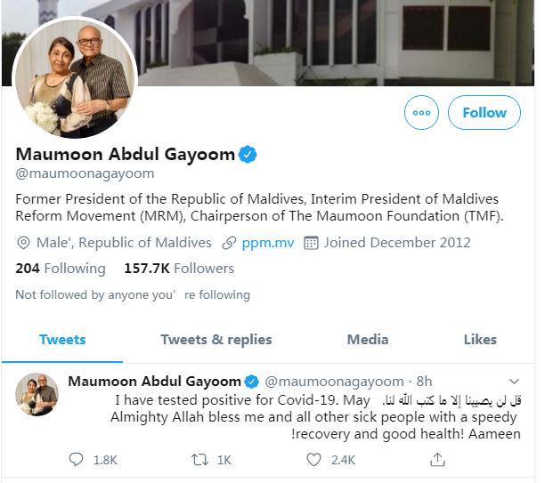 马尔代夫前总统加尧姆个人社交媒体账户截图。