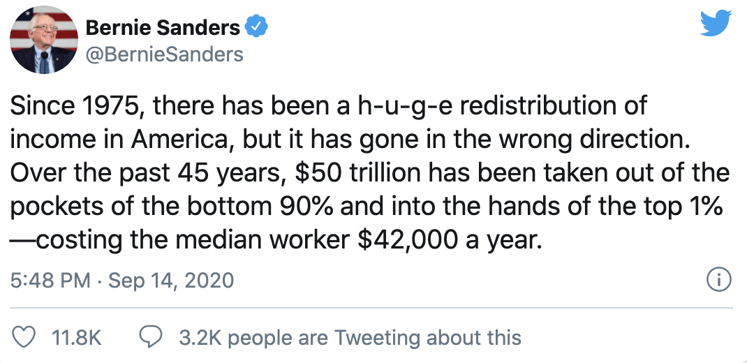 美国民主党参议员桑德斯阅读兰德公司报告后发表推文，对美国财富分配的不公进行抨击。
