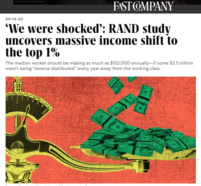 美国知名商业月刊《快速公司》（Fast Company）报道，兰德公司研究显示，美国1%的人掌握着巨额社会财富。
