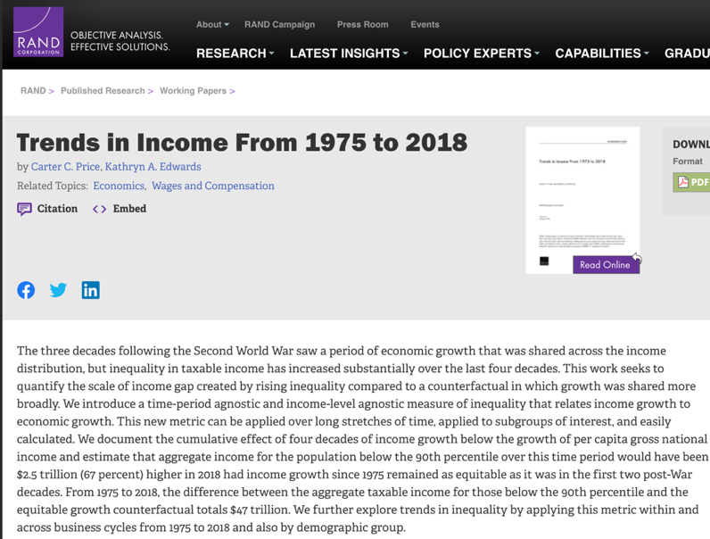 兰德公司研究了1945年至今的美国收入分配和经济增长
