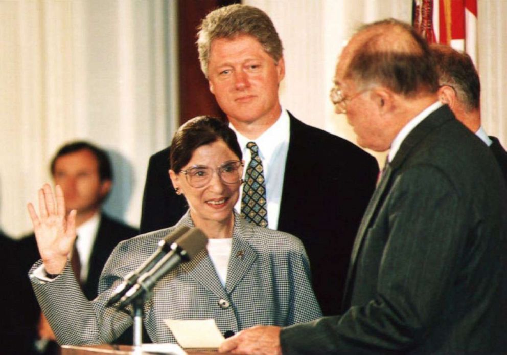 PHOTO: Chief Justice of the U.S. Supreme Court William Rehnquist administers the oath of office to newly-appointed U.S. Supreme Court Justice Ruth Bader Ginsburg as President Bill Clinton looks on, Aug. 10, 1993.