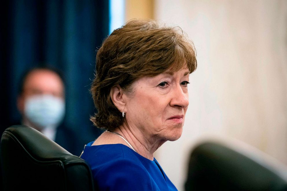 PHOTO: Senator Susan Collins attends the Senate Small Business and Entrepreneurship Hearings to examine implementation of Title I of the CARES Act on Capitol Hill in Washington, DC, June 10, 2020.