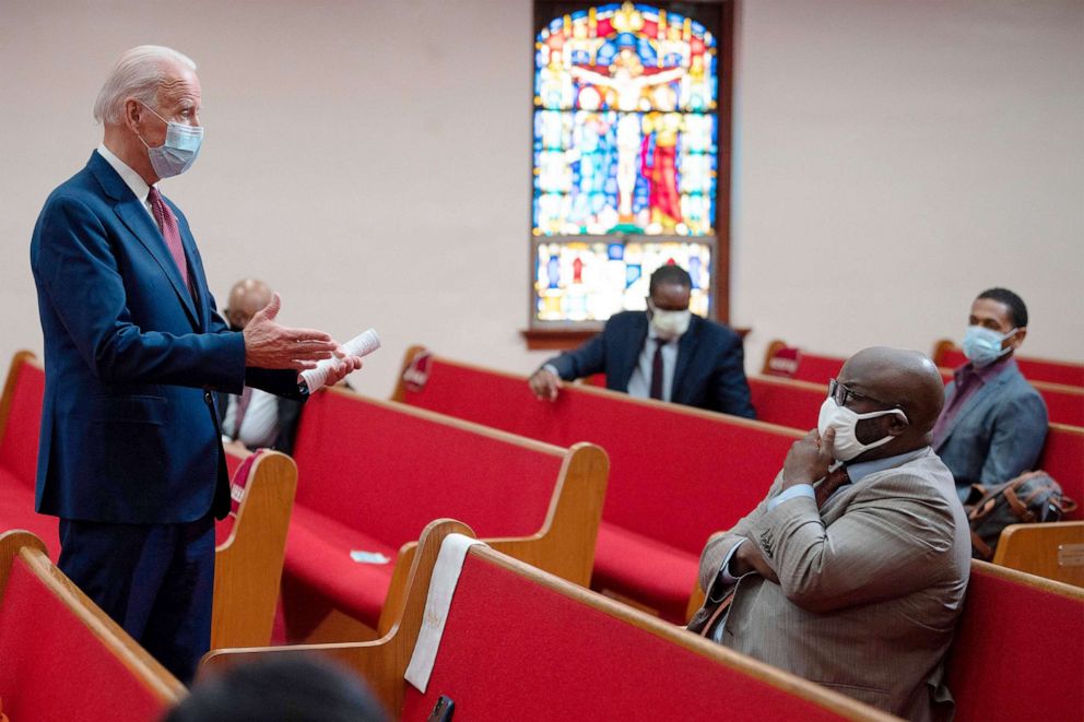 PHOTO: Democratic presidential candidate Joe Biden meets with clergy members and community activists during a visit to Bethel AME Church in Wilmington, Del., JUNE 1, 2020.