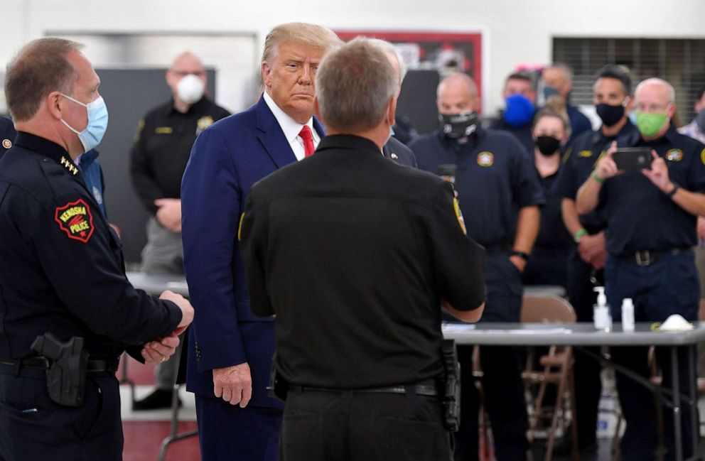 PHOTO: President Donald Trump meets with law enforcement officials in Kenosha, Wis.,Sept. 1, 2020.