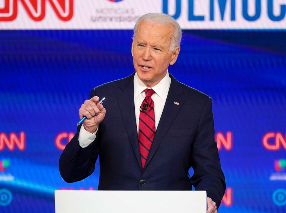 PHOTO: Former Vice President Joe Biden participates in a Democratic presidential primary debate in Washington, March 15, 2020.
