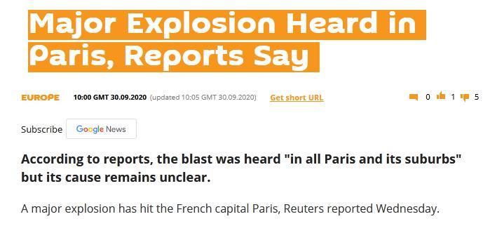 巴黎发生爆炸。俄罗斯卫星网报道截图。