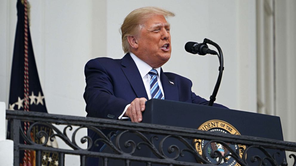 PHOTO: President Donald Trump speaks about law and order from the South Portico of the White House in Washington on Oc. 10, 2020. Trump spoke publicly for the first time since testing positive for COVID-19.