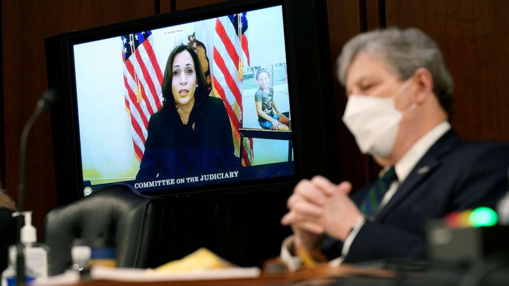 PHOTO: Sen. Kamala Harris speaks virtually during Supreme Court Justice nominee Judge Amy Coney Barrett's confirmation hearing for Supreme Court Justice, as Sen. John Kennedy listens, on Capitol Hill, Oct. 12, 2020 in Washington, D.C.