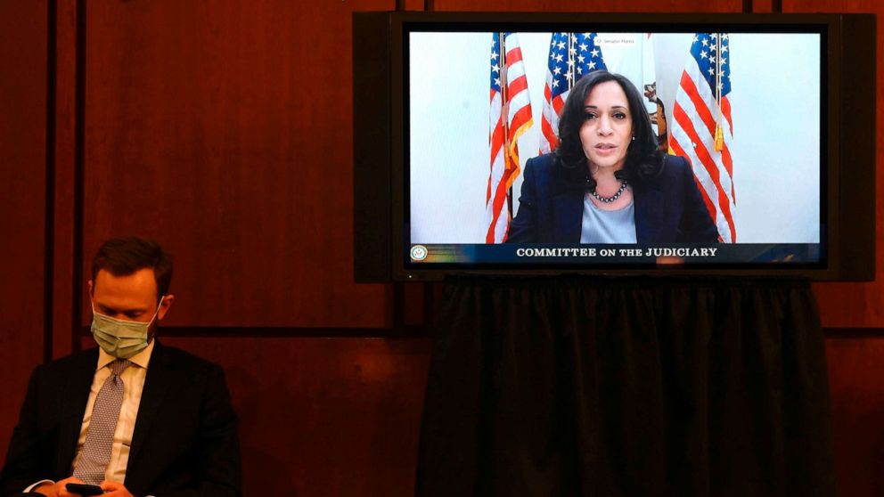 PHOTO: Sen. Kamala Harris questions Supreme Court nominee Judge Amy Coney Barrett via videoconference as she testifies before the Senate Judiciary Committee on the third day of her Supreme Court confirmation hearing on Capitol Hill, Oct. 14, 2020.