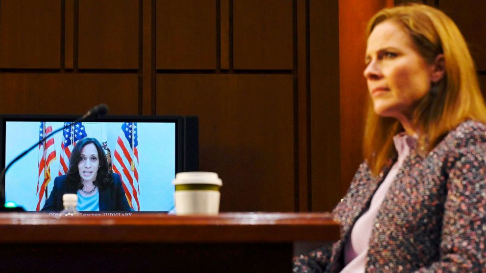 PHOTO:  Sen. Kamala Harris questions Supreme Court nominee Judge Amy Coney Barrett via videoconference in Washington, Oct.14, 2020.