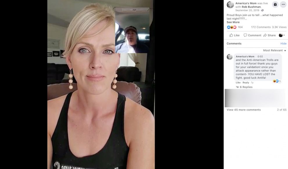 PHOTO: A screen shot of Sherronna Bishop's September 2019 Facebook video with a member of the Proud Boys identified as 