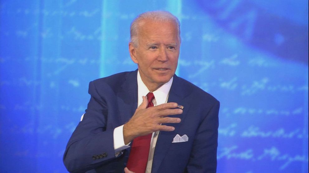 PHOTO: Democratic Presidential candidate and former Vice President Joe Biden participates in an ABC News town hall event at the National Constitution Center in Philadelphia, Oct. 15, 2020.