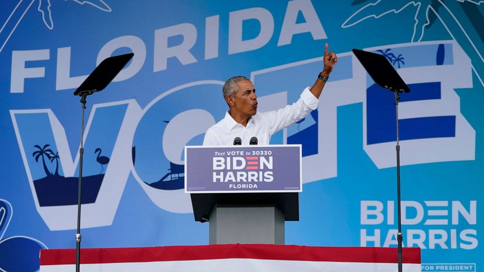 PHOTO: Former President Barack Obama speaks as he campaigns for Democratic presidential candidate former Vice President Joe Biden at Florida International University, Oct. 24, 2020, in North Miami, Fla.