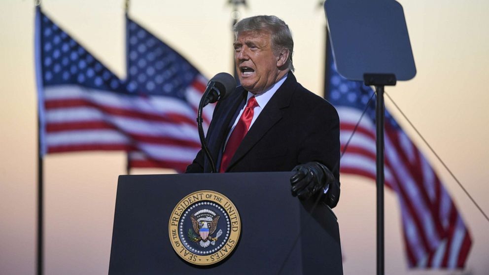 PHOTO: President Donald Trump addresses supporters during a campaign rally at the Rochester International Airport in Rochester, Minn., Oct. 30, 2020. 
