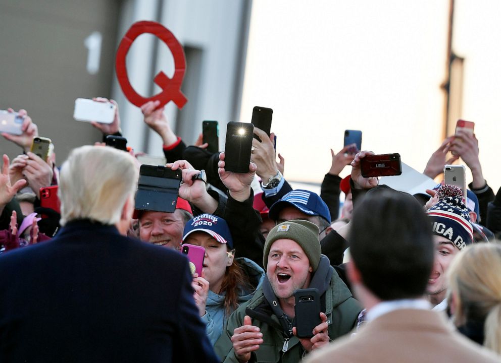 PHOTO: President Donald Trump greets supporters at the overflow location ahead of a campaign rally at Rochester International Airport in Rochester, Minn., Oct. 30, 2020.