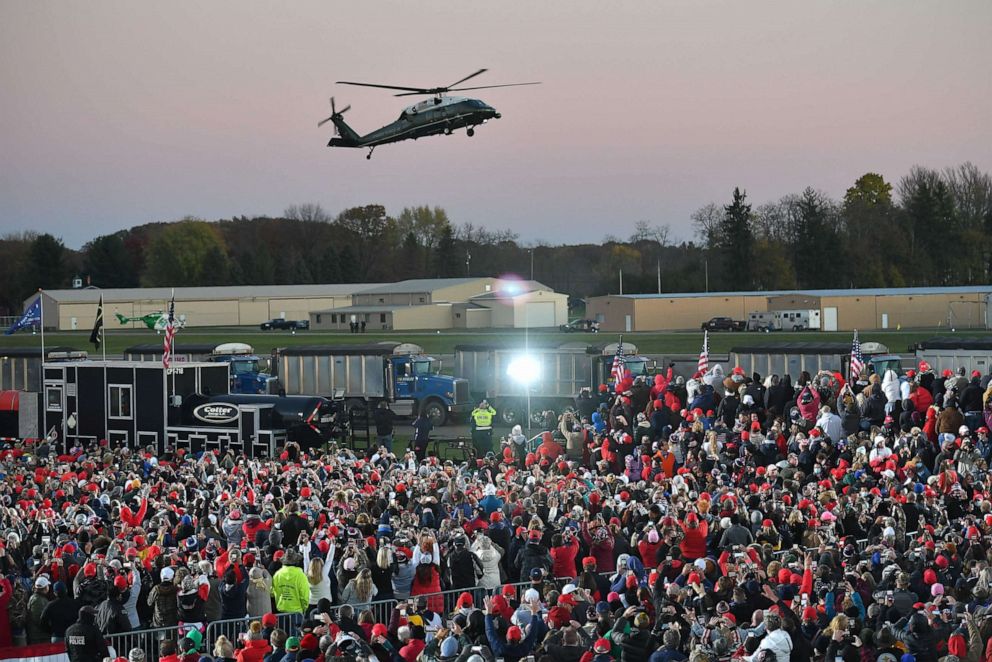 PHOTO: Marine One with President Donald Trump onboard lands next to a rally at Pittsburgh-Butler Regional Airport in Butler, Pennsylvania on Oct. 31, 2020.