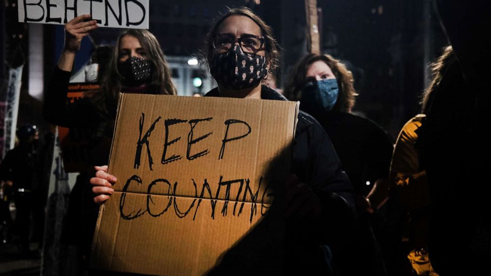 PHOTO: People participate in a protest in support of counting all votes as the election in Pennsylvania is still unresolved on Nov. 04, 2020, in Philadelphia.