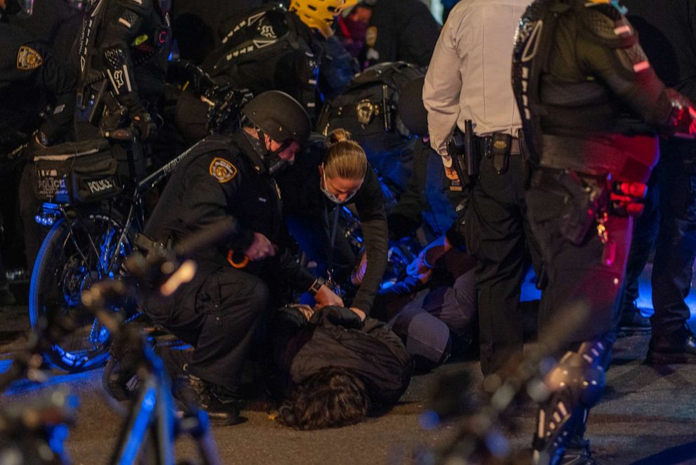PHOTO: Protesters are arrested while taking to the streets as results of the presidential election remain uncertain on Nov. 4, 2020 in New York City.