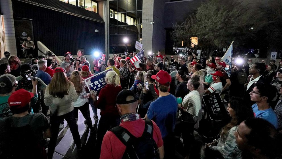 PHOTO: President Donald Trump supporters rally, Nov. 4, 2020, outside the Maricopa County Recorders Office in Phoenix.