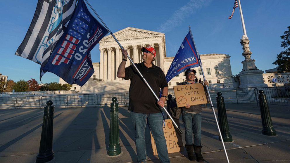 PHOTO: While waiting for a result in the election, Scott Knuth of Woodbridge, Va., and Christy Pheagin, of Washington, stand outside the Supreme Court in Washington, Nov. 6, 2020.