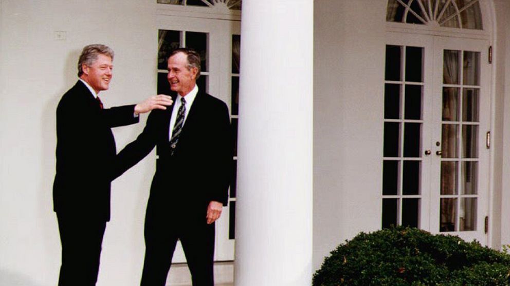PHOTO: President George Bush, right, talks with President-elect Bill Clinton outside the White House on Nov. 18, 1992. 