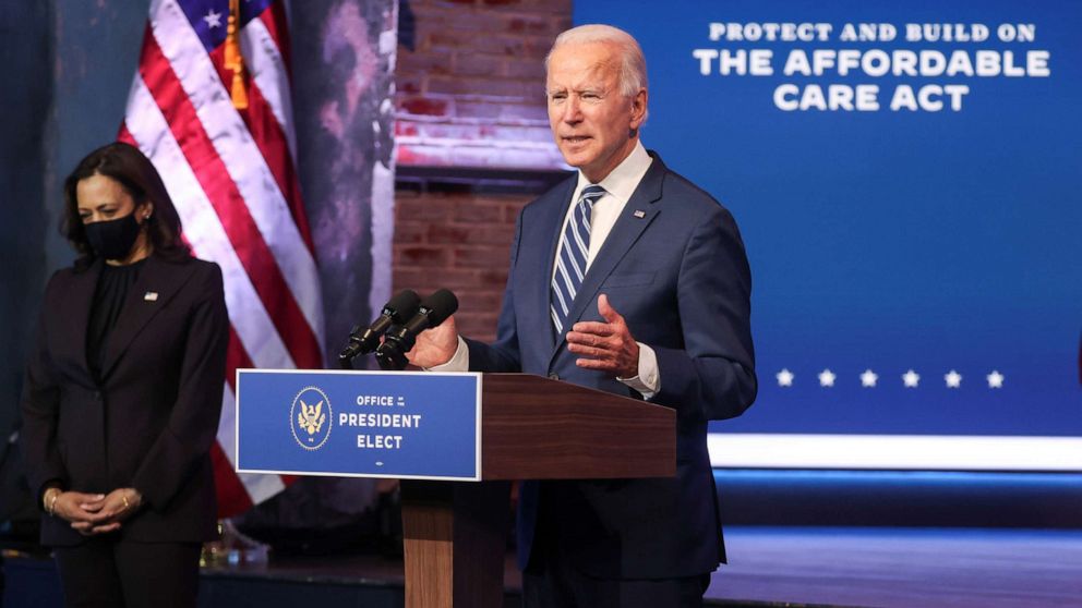 PHOTO: President-elect Joe Biden talks about protecting the Affordable Care Act (ACA) to reporters during an appearance in Wilmington, Delaware, Nov. 10, 2020.
