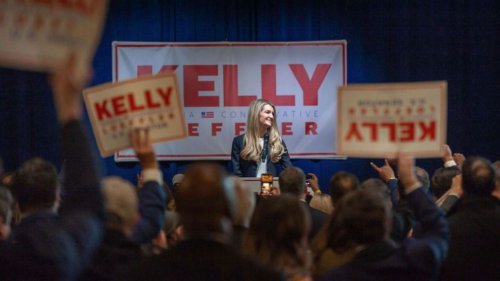 PHOTO: Sen. Kelly Loeffler speaks to supporters during a watch party on election night, Nov. 3, 2020, Atlanta.