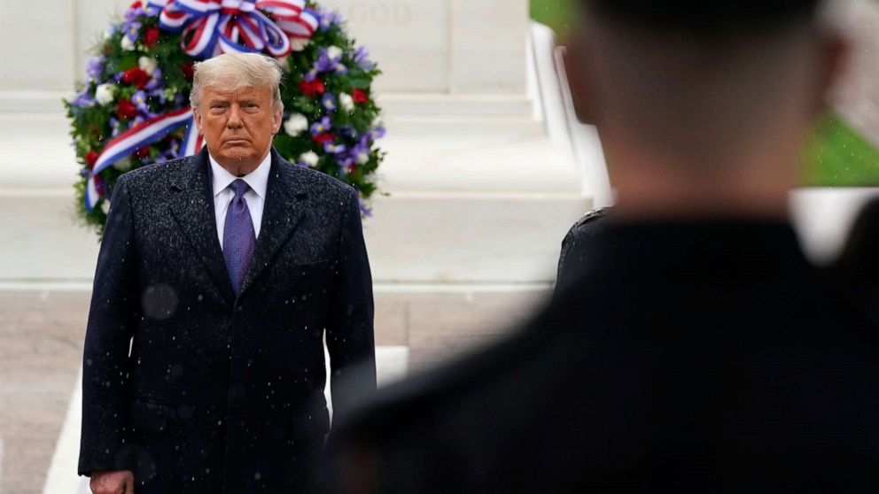 PHOTO: President Donald Trump participates in a Veterans Day wreath laying ceremony at the Tomb of the Unknown Soldier at Arlington National Cemetery in Arlington, Va., Nov. 11, 2020.
