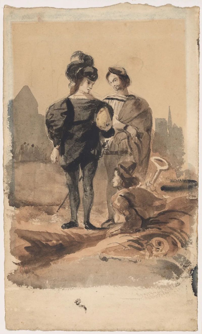 《哈姆雷特、霍拉旭和掘墓者》 德拉克洛瓦，1827-8，水彩画，大都会博物馆藏