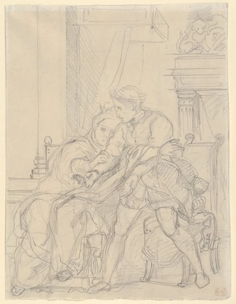 《哈姆雷特与母后》 德拉克洛瓦，约1834，铅笔素描，大都会博物馆藏