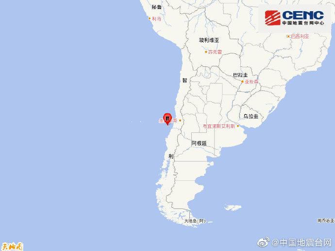 智利中部沿岸近海发生6.1级地震。(图片来源：中国地震台网官方微博)