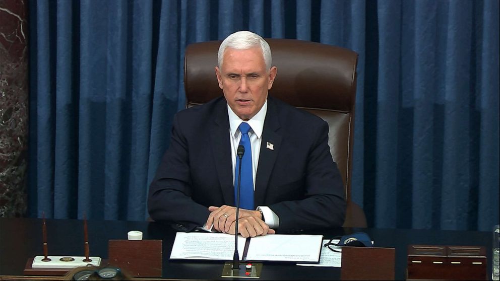 PHOTO: In this image from video, Vice President Mike Pence speaks as the Senate reconvenes after protesters stormed the Capitol, Jan. 6, 2021.