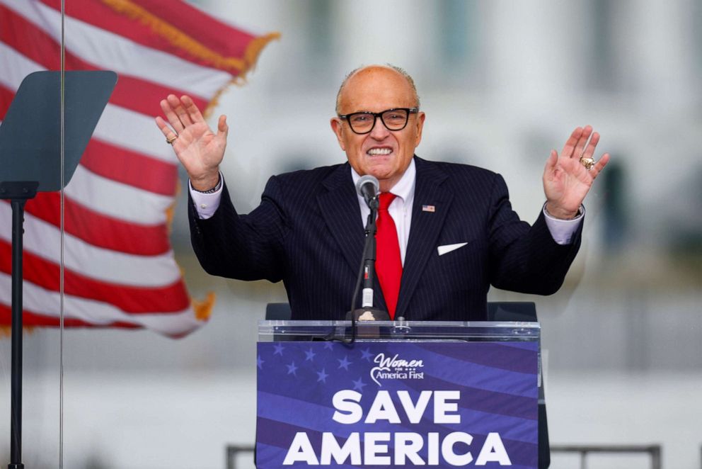 PHOTO: President Donald Trump's personal lawyer Rudy Giuliani speaks as Trump supporters gather in Washington, D.C., ahead of Trump's his speech to contest the certification by the U.S. Congress of the results of the presidential election, Jan. 6, 2021.