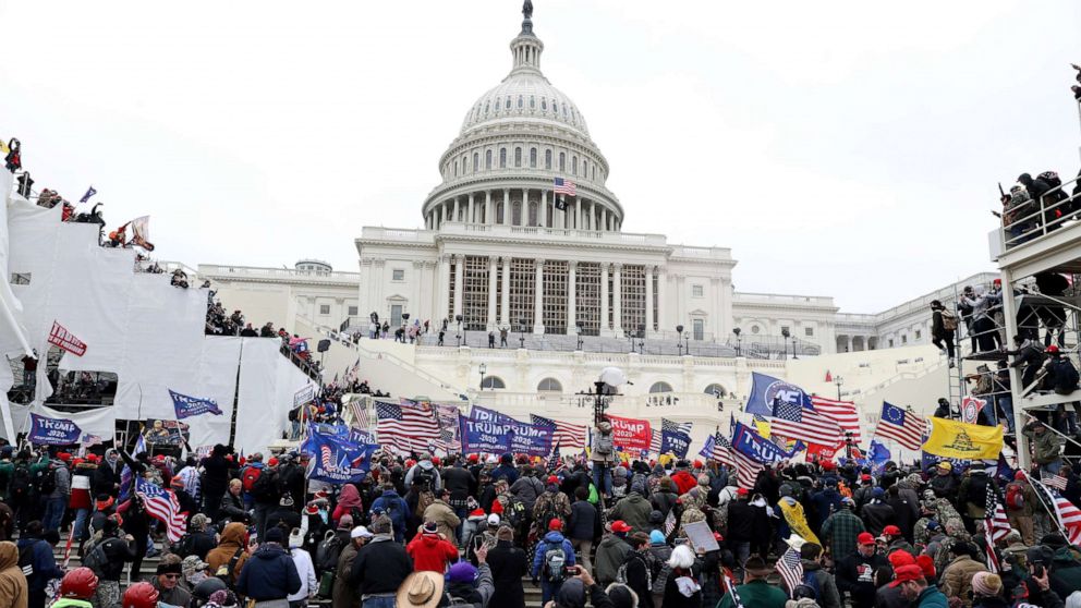 PHOTO: Protesters gather outside the U.S. Capitol Building, Jan. 6, 2021, in Washington, DC.