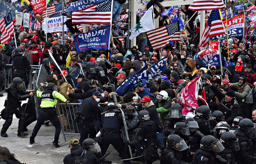 PHOTO: Trump supporters clash with police and security forces as they push barricades to storm theCapitol in Washington D.C on Jan. 6, 2021.