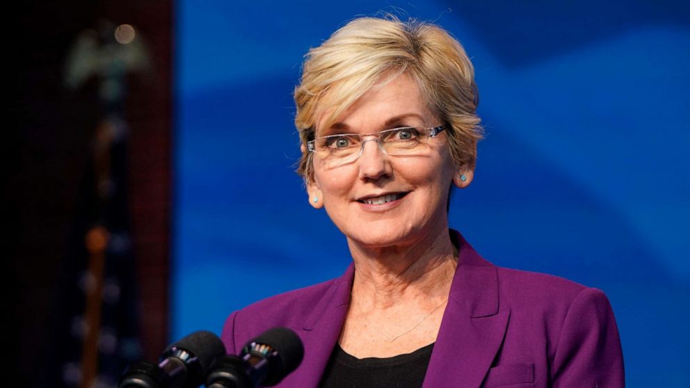PHOTO: Nominee for Secretary of Energy, Jennifer Granholm, speaks at the Queen theater on Dec. 19, 2020, in Wilmington, Del.