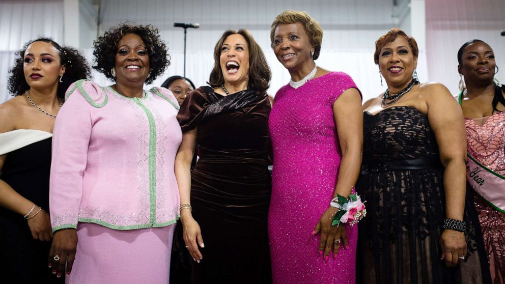 PHOTO: Senator Kamala Harris stands with attendees and participates in the Alpha Kappa Alpha Sorority Inc. hymn at their Annual Pink Ice Gala in Columbia, S.C., Jan. 25, 2019.