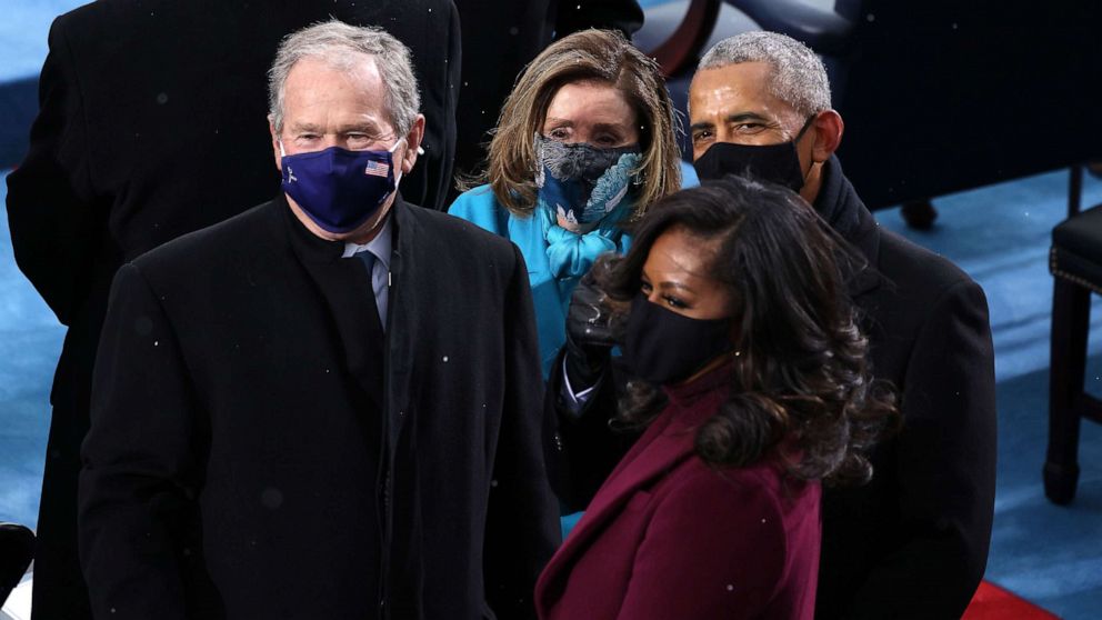 PHOTO: Former President George W. Bush, Speaker of the House Nancy Pelosi, former President Barack Obama and his wife Michelle Obama arrive for the 59th Presidential Inauguration, Jan. 20, 2021, at the Capitol.