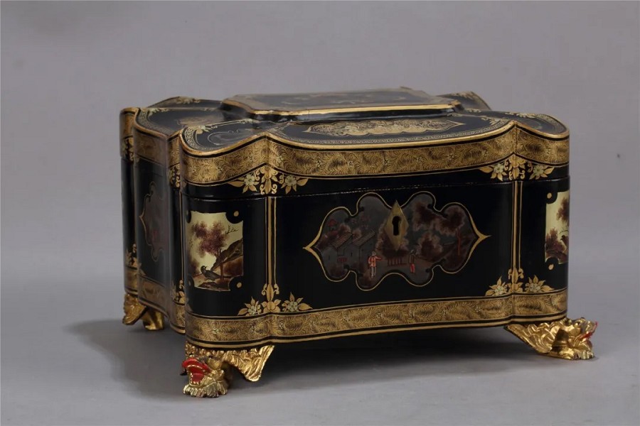 黑漆描金人物纹茶叶盒，19世纪