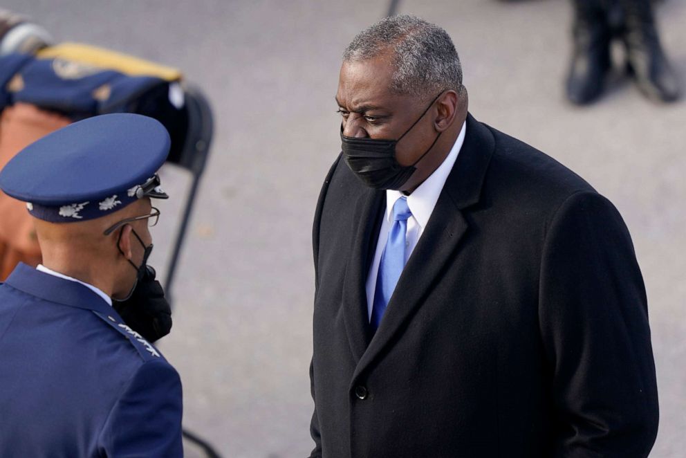 PHOTO: Biden's nominee for Secretary of Defense retired U.S. Army General Lloyd Austin arrives at the inauguration of President-elect Joe Biden on the West Front of the U.S. Capitol on Jan. 20, 2021, in Washington.